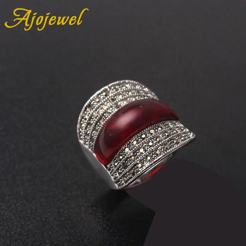 Ajojewel Geometric Vintage Ring With Red Stone For Women Black Rhinestone Finger Jewelry Bijou Trend 2024