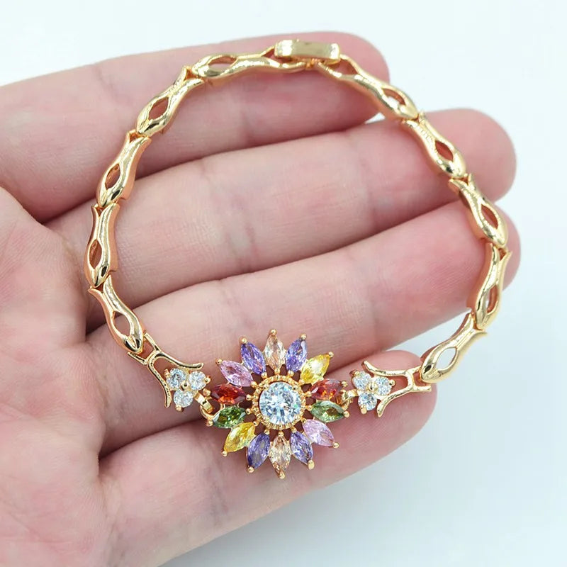 Fashion Gold Color Multicolor Zircon CZ Sunflower Charm Bracelet for Women