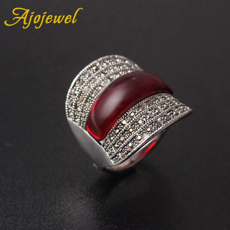 Ajojewel Geometric Vintage Ring With Red Stone For Women Black Rhinestone Finger Jewelry Bijou Trend 2024