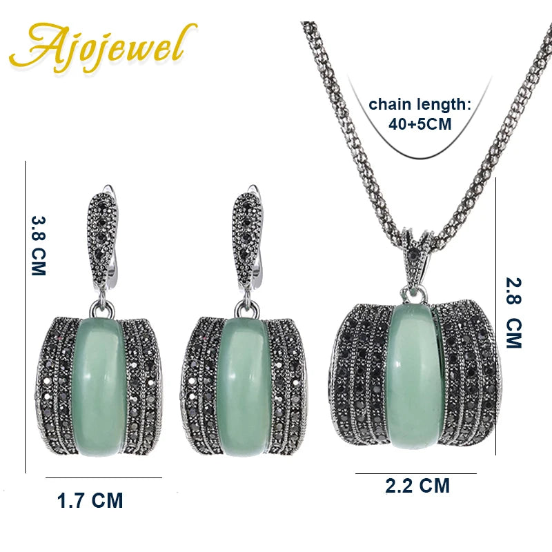 Ajojewel Original Designer Antique Silver Color Women Jewelry Set Geometric Green Stone Ring Necklace And Earrings Sets