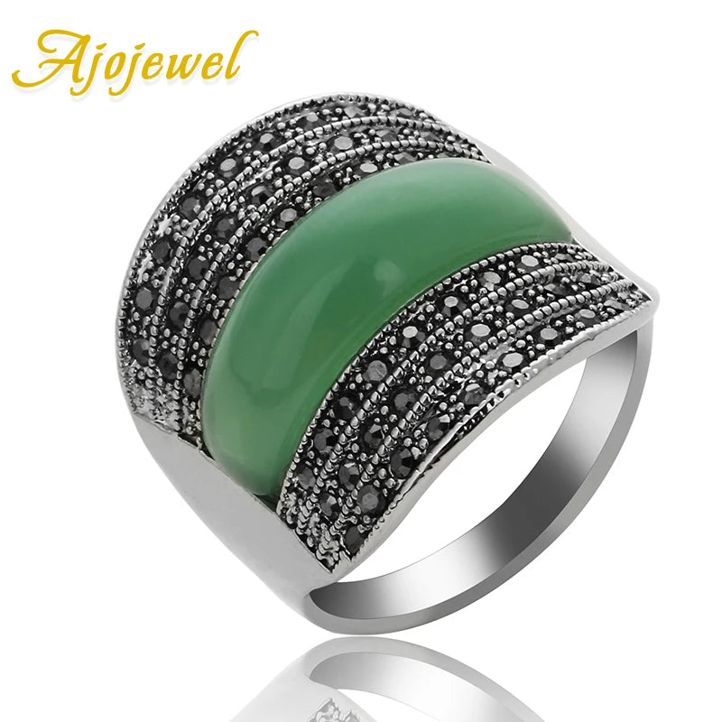 Ajojewel Original Geometric Vintage Rings For Women With Green/Black/Red Stone Jewelry Wide Band RingBijoux