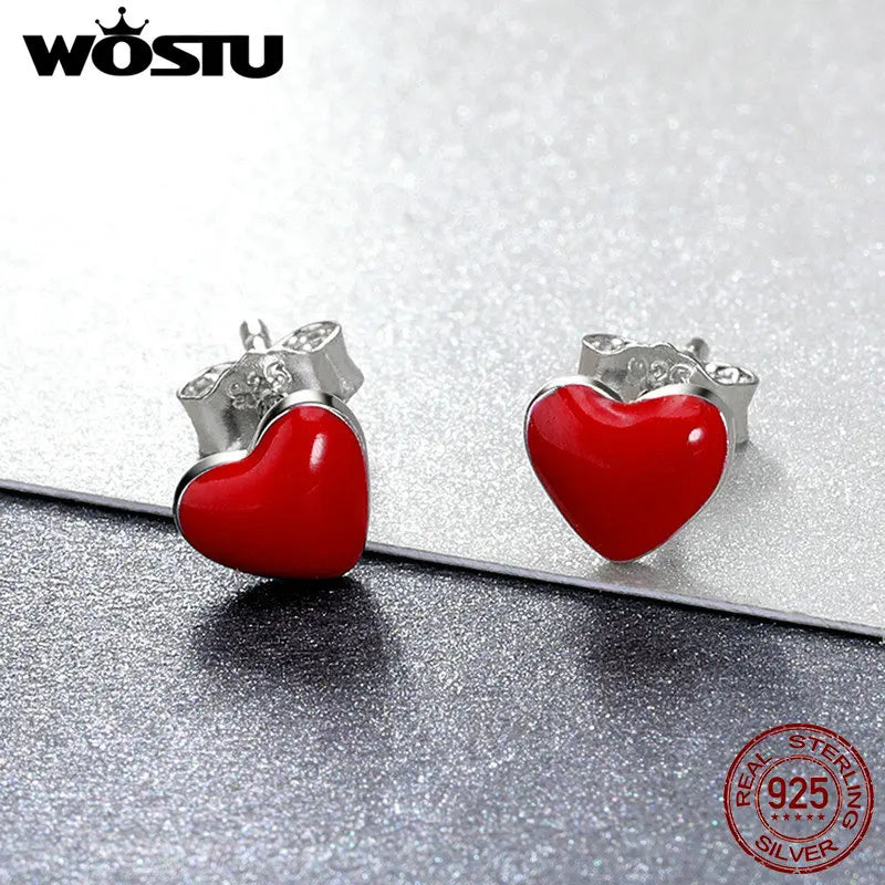 WOSTU 100% 925 Sterling Silver Cute Red Heart Enamel Stud Earrings for Women Silver Earring Hot Sell Party Jewelry Gift FME147