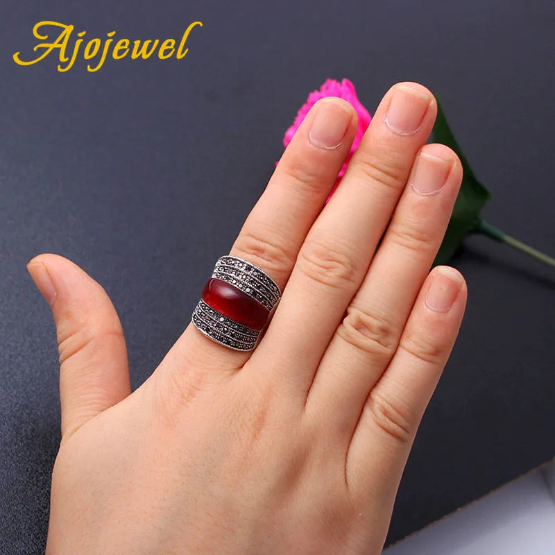 Ajojewel Geometric Vintage Ring With Red Stone For Women Black Rhinestone Finger Jewelry Bijou Trend 2024