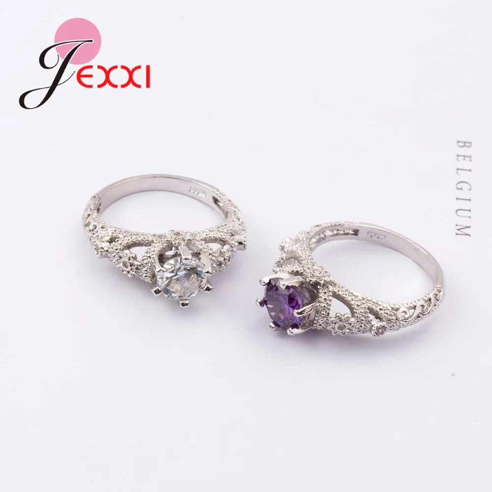 Genuine 925 Sterling Silver Vintage Hollowing Design Prong Setting White Crystal Finger Ring For Women Wedding Jewelry