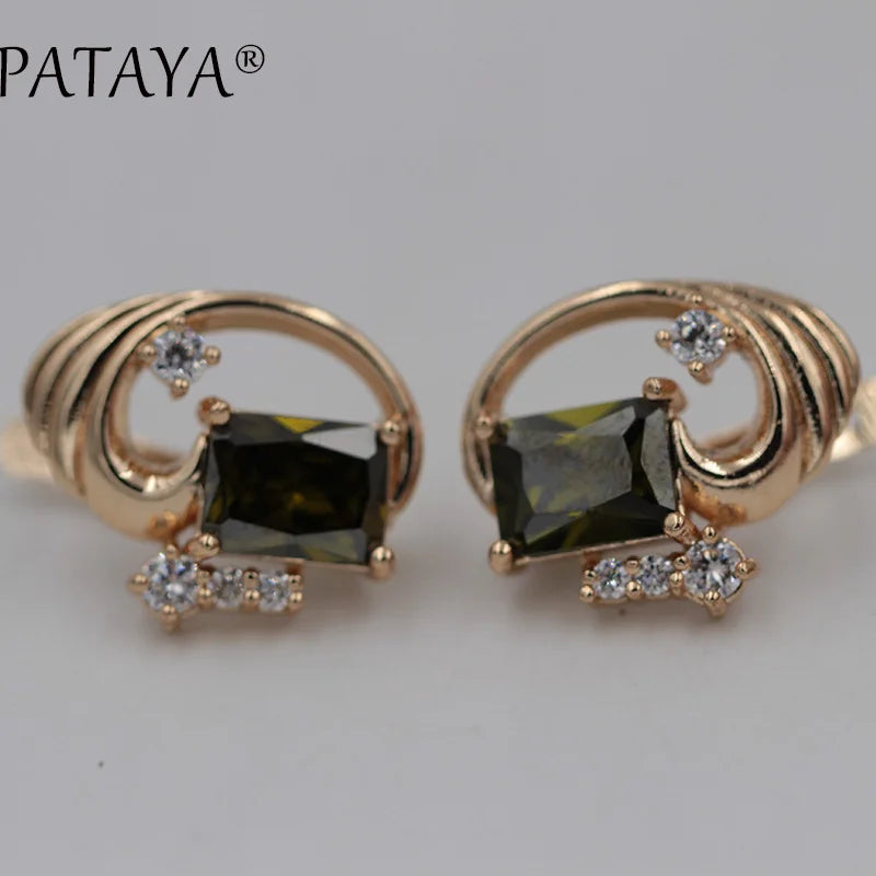 PATAYA Square Olive Green Natural Cubic Zircon Earrings Bridal 585 Rose Gold Color Drop Earrings Women Wedding Party Jewelry