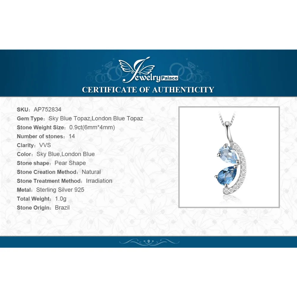 JewelryPalace Natural Sky London Blue Topaz 925 Sterling Silver Pendant Necklace for Woman Fashion Gemstone Choker Without Chain