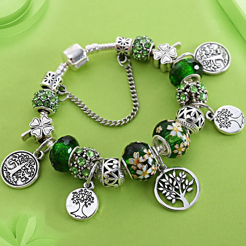 Dropshipping Silver Color Tree of Life Fashion Bead Bracelets Green Leaf Floral Crystal Charm Bracelet & Bangle Pulsera Jewelry