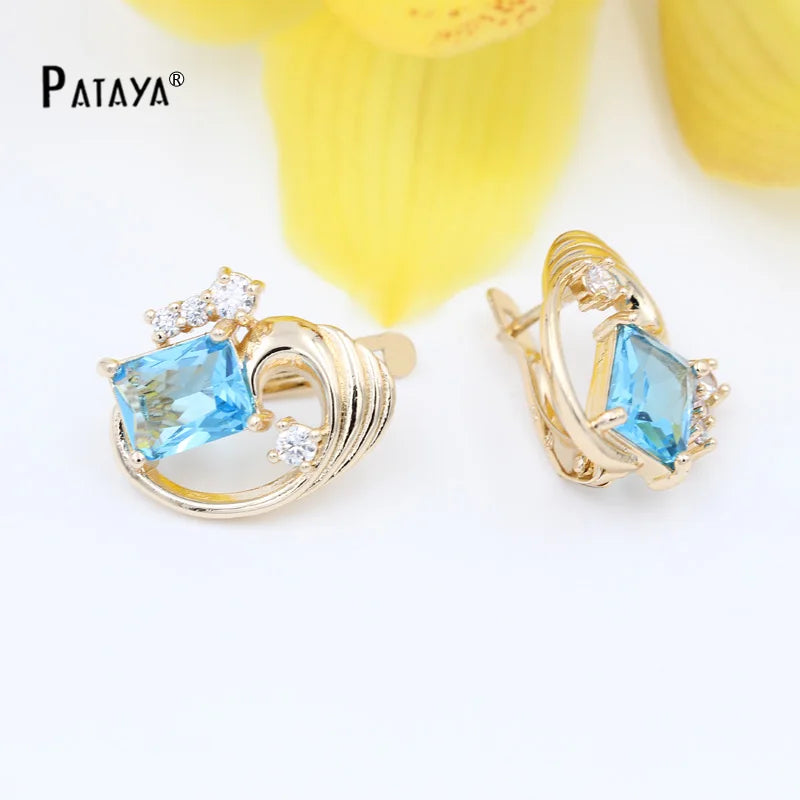 PATAYA Square Olive Green Natural Cubic Zircon Earrings Bridal 585 Rose Gold Color Drop Earrings Women Wedding Party Jewelry