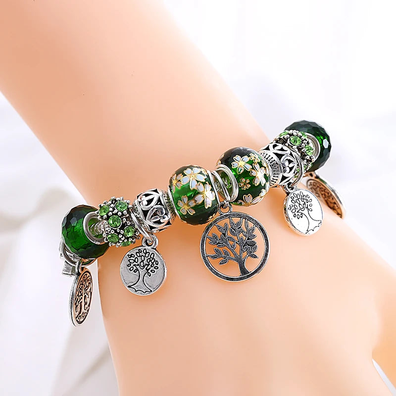 Dropshipping Silver Color Tree of Life Fashion Bead Bracelets Green Leaf Floral Crystal Charm Bracelet & Bangle Pulsera Jewelry