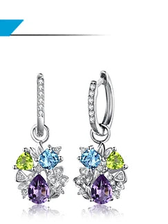 JewelryPalace Natural Amethyst Blue Topaz Peridot Chrome Diopside Flower Dangle Drop Earrings 925 Sterling Silver Women Jewelry