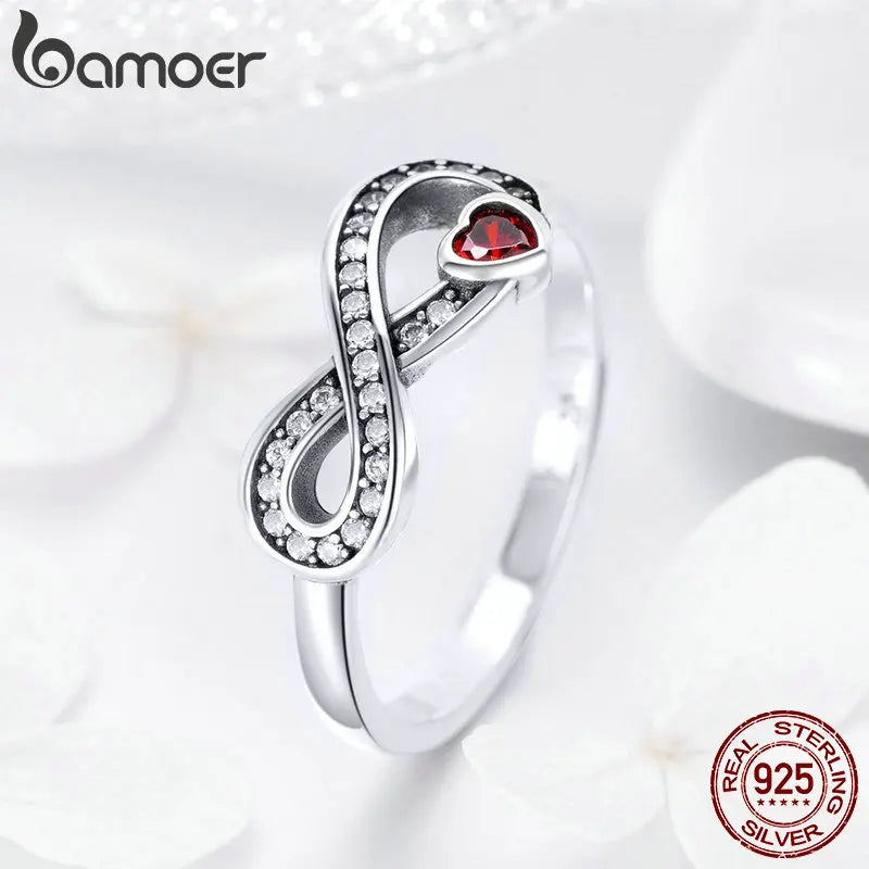 BAMOER 100% 925 Sterling Silver Infinity Love Forever Heart Clear CZ Finger Ring for Women Wedding Engagement Jewelry SCR415