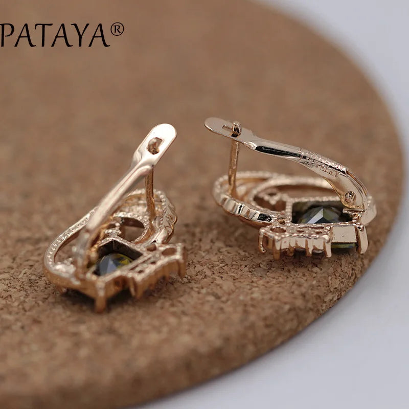 PATAYA Square Olive Green Natural Cubic Zircon Earrings Bridal 585 Rose Gold Color Drop Earrings Women Wedding Party Jewelry