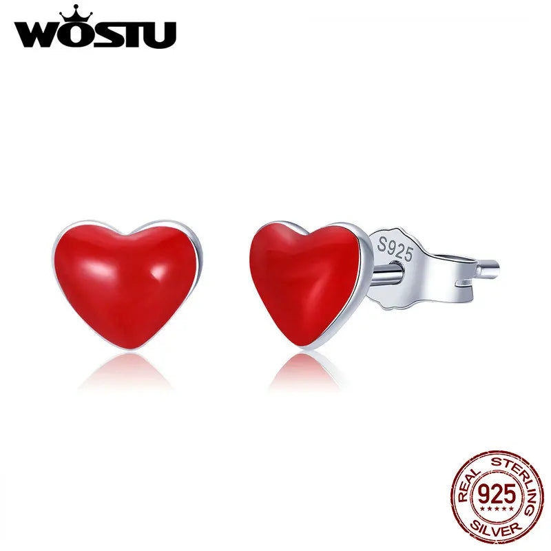 WOSTU 100% 925 Sterling Silver Cute Red Heart Enamel Stud Earrings for Women Silver Earring Hot Sell Party Jewelry Gift FME147