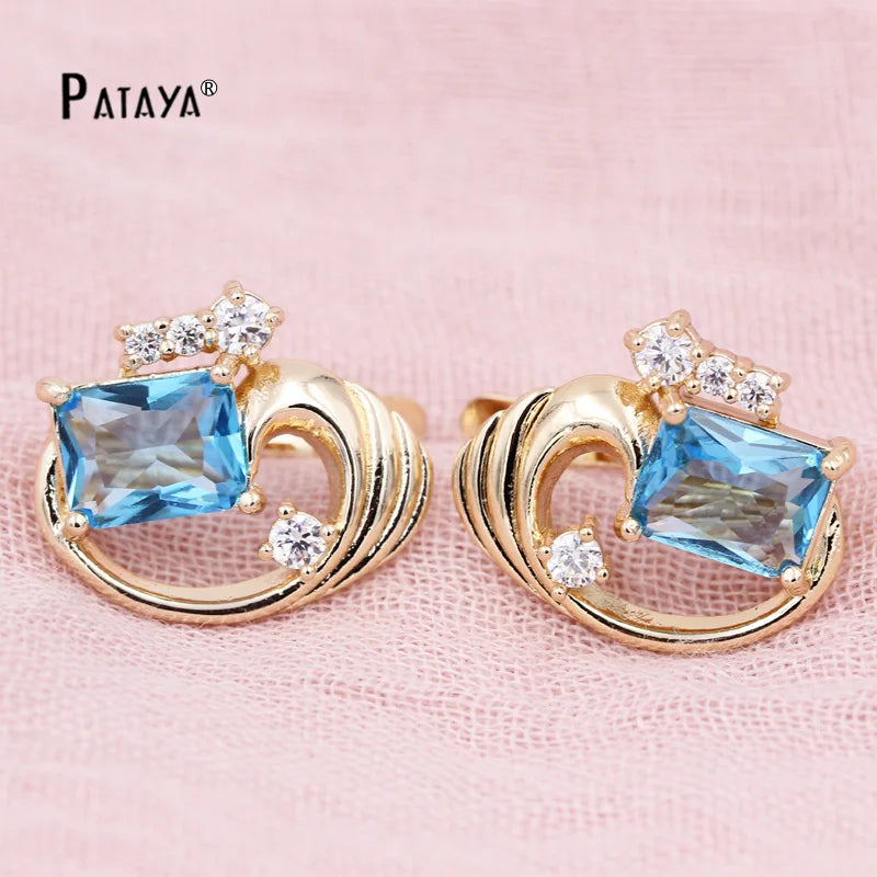 PATAYA Square Olive Green Natural Cubic Zircon Earrings Bridal 585 Rose Gold Color Drop Earrings Women Wedding Party Jewelry