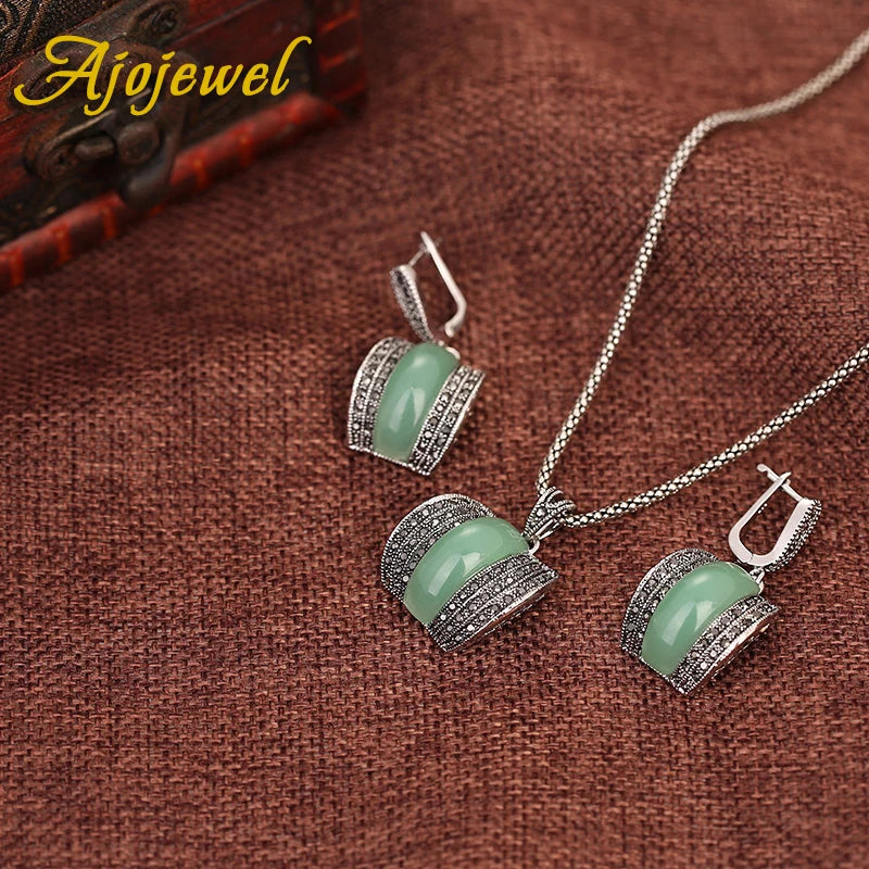 Ajojewel Original Designer Antique Silver Color Women Jewelry Set Geometric Green Stone Ring Necklace And Earrings Sets