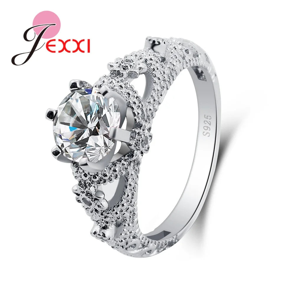 Genuine 925 Sterling Silver Vintage Hollowing Design Prong Setting White Crystal Finger Ring For Women Wedding Jewelry