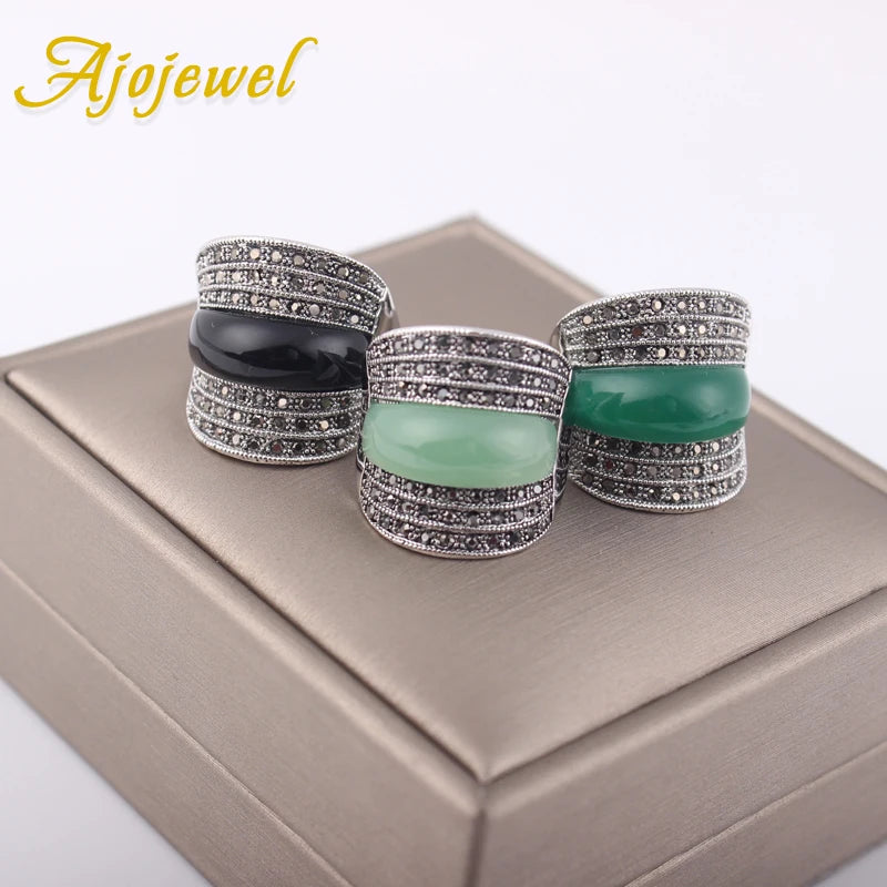 Ajojewel Original Geometric Vintage Rings For Women With Green/Black/Red Stone Jewelry Wide Band RingBijoux