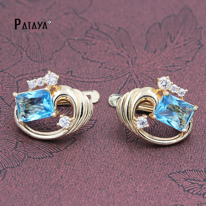 PATAYA Square Olive Green Natural Cubic Zircon Earrings Bridal 585 Rose Gold Color Drop Earrings Women Wedding Party Jewelry