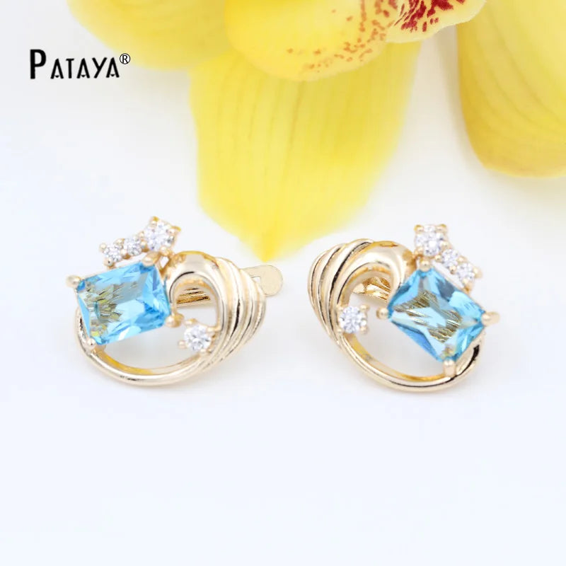 PATAYA Square Olive Green Natural Cubic Zircon Earrings Bridal 585 Rose Gold Color Drop Earrings Women Wedding Party Jewelry