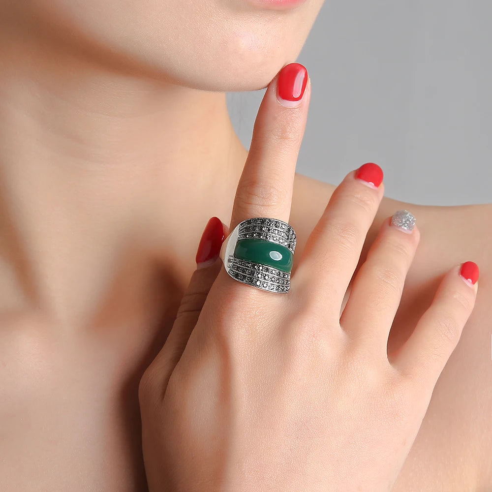 Ajojewel Original Geometric Vintage Rings For Women With Green/Black/Red Stone Jewelry Wide Band RingBijoux