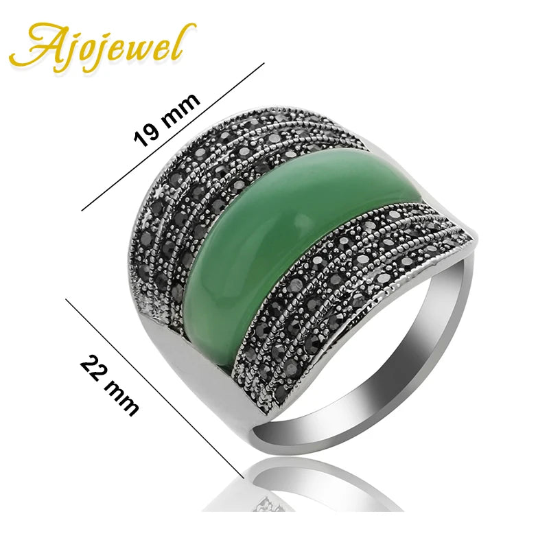 Ajojewel Original Geometric Vintage Rings For Women With Green/Black/Red Stone Jewelry Wide Band RingBijoux