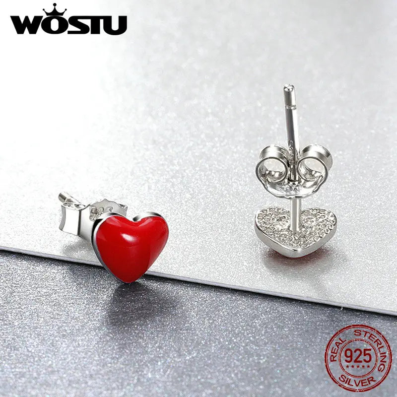 WOSTU 100% 925 Sterling Silver Cute Red Heart Enamel Stud Earrings for Women Silver Earring Hot Sell Party Jewelry Gift FME147