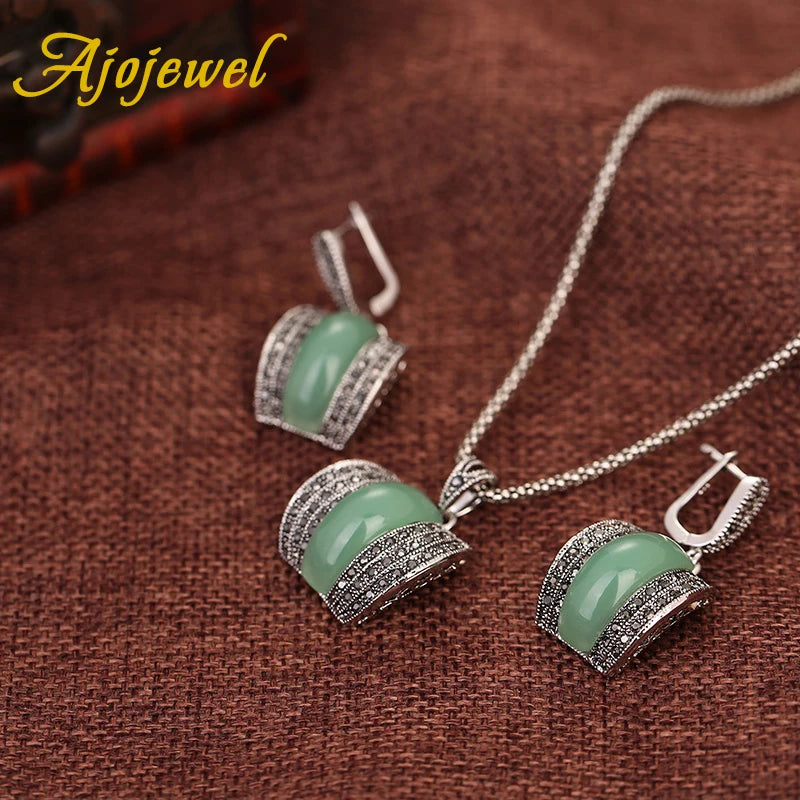 Ajojewel Original Designer Antique Silver Color Women Jewelry Set Geometric Green Stone Ring Necklace And Earrings Sets