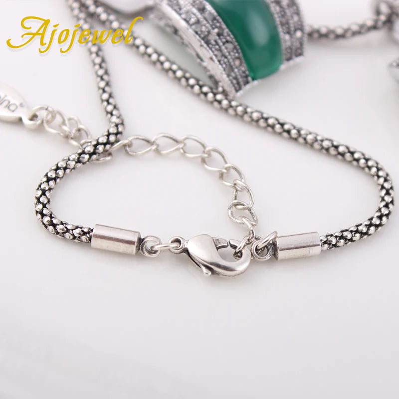 Ajojewel Original Designer Antique Silver Color Women Jewelry Set Geometric Green Stone Ring Necklace And Earrings Sets