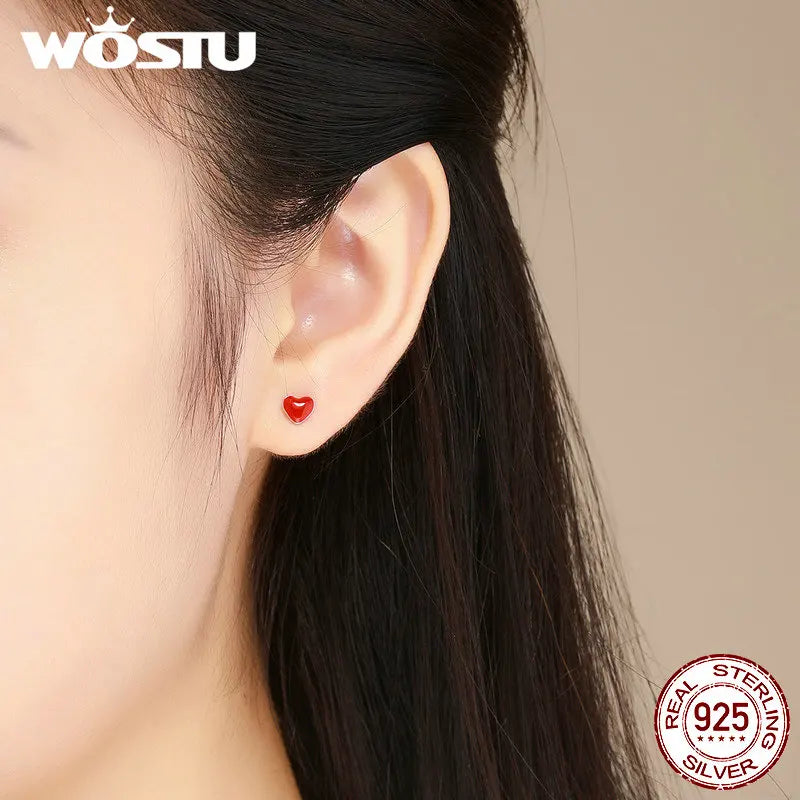 WOSTU 100% 925 Sterling Silver Cute Red Heart Enamel Stud Earrings for Women Silver Earring Hot Sell Party Jewelry Gift FME147