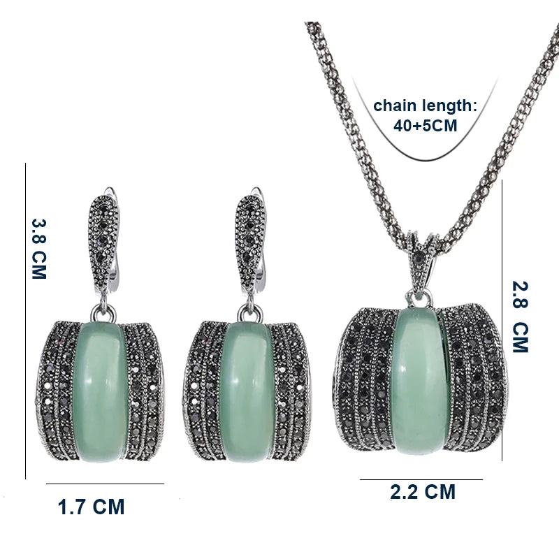 Ajojewel Original Designer Antique Silver Color Women Jewelry Set Geometric Green Stone Ring Necklace And Earrings Sets