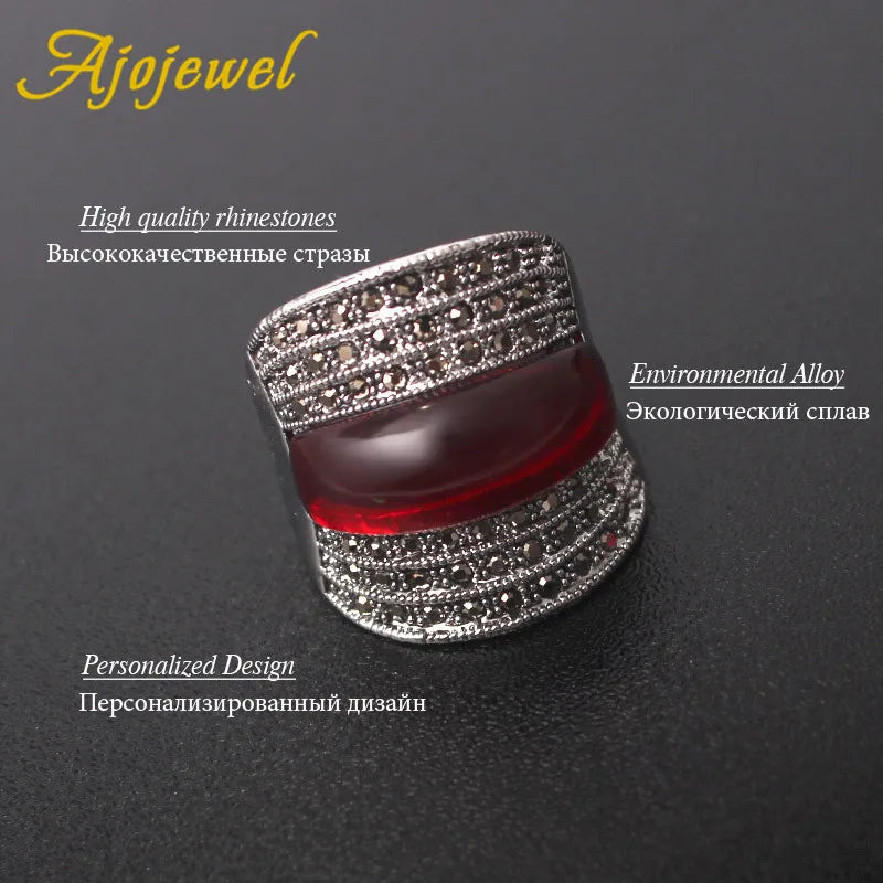 Ajojewel Geometric Vintage Ring With Red Stone For Women Black Rhinestone Finger Jewelry Bijou Trend 2024