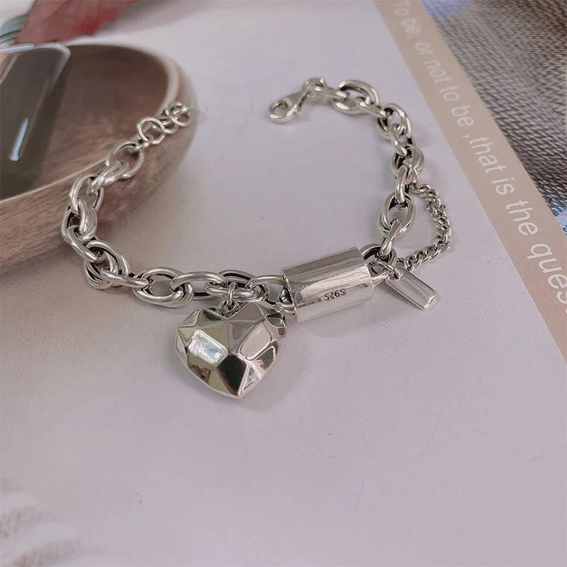 QMCOCO Silver Color Cute Bear Heart-Shape Letter Pendant Bracelet  For Women Fashion Temperament Simple Punk Fine Jewelry Gifts