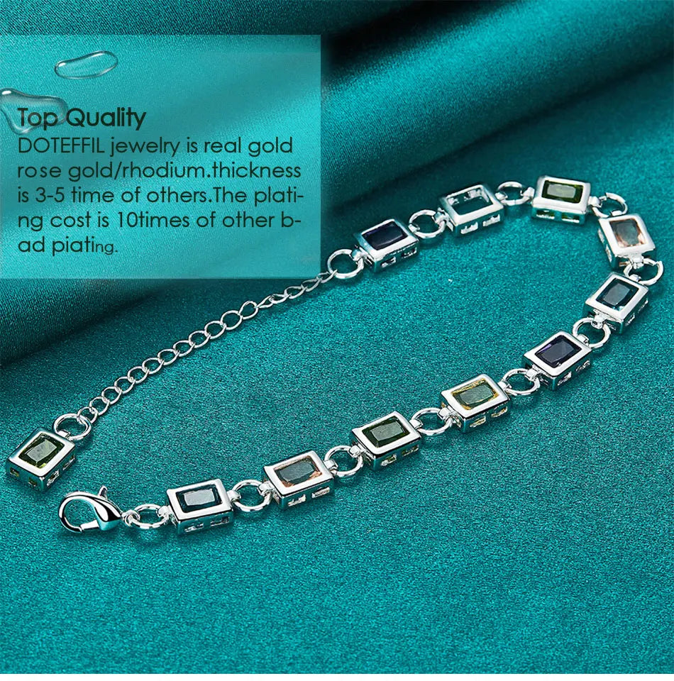 DOTEFFIL 925 Sterling Silver Square inlaid With Multi-color AAA Zircon Bracelet Chain For Woman Engagement Party Wedding Jewelry