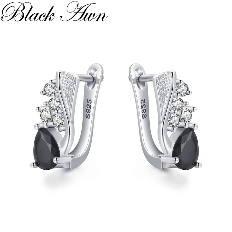 Black Awn Hoop Earrings for Women Classic 925 Sterling Silver Trendy Spinel Engagement Fine Jewelry I219