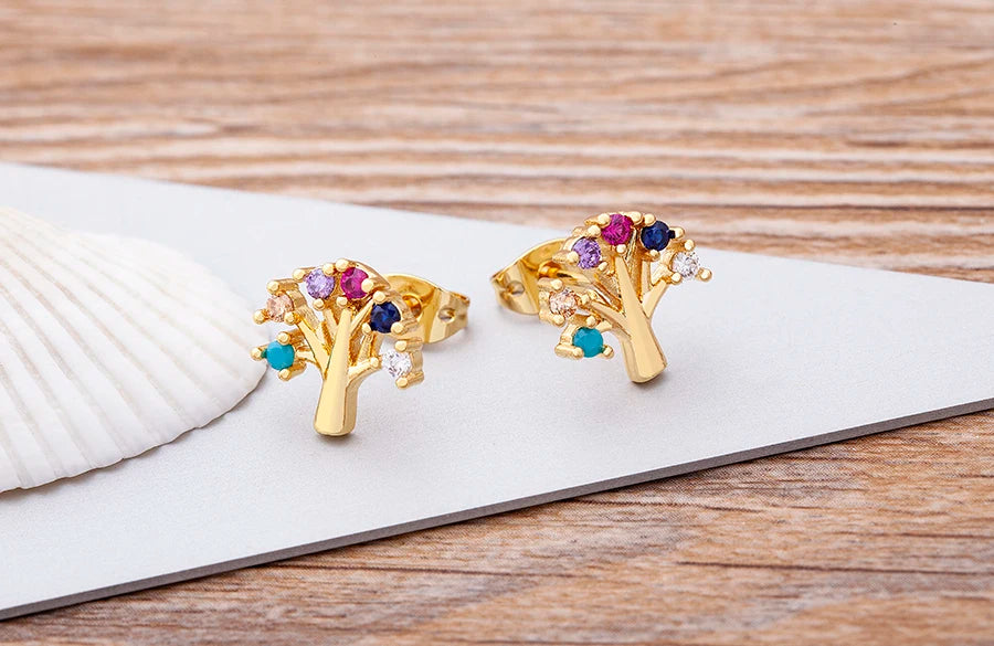 Nidin Luxury Female Crystal Zircon Stone Earrings Fashion Copper CZ Rainbow Jewelry Romantic Boho Stud Earrings For Women Girls