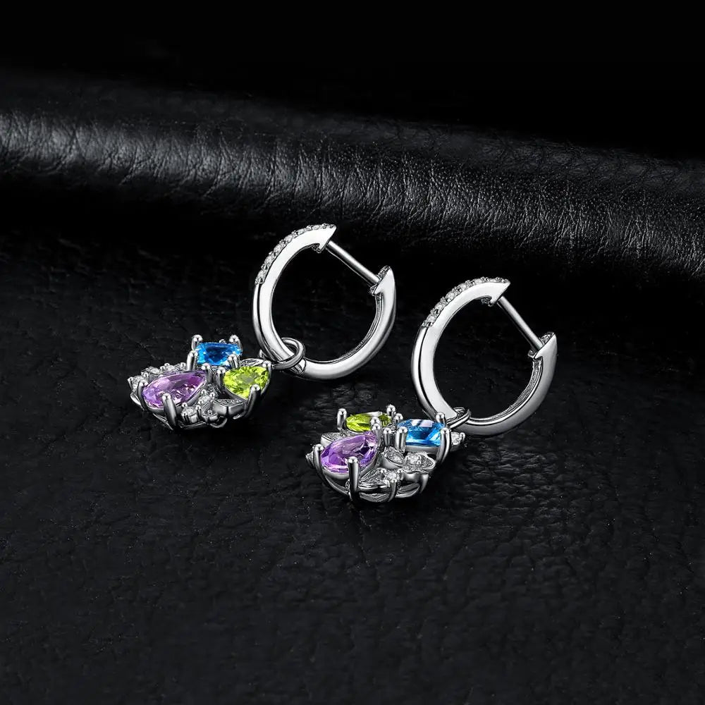 JewelryPalace Natural Amethyst Blue Topaz Peridot Chrome Diopside Flower Dangle Drop Earrings 925 Sterling Silver Women Jewelry