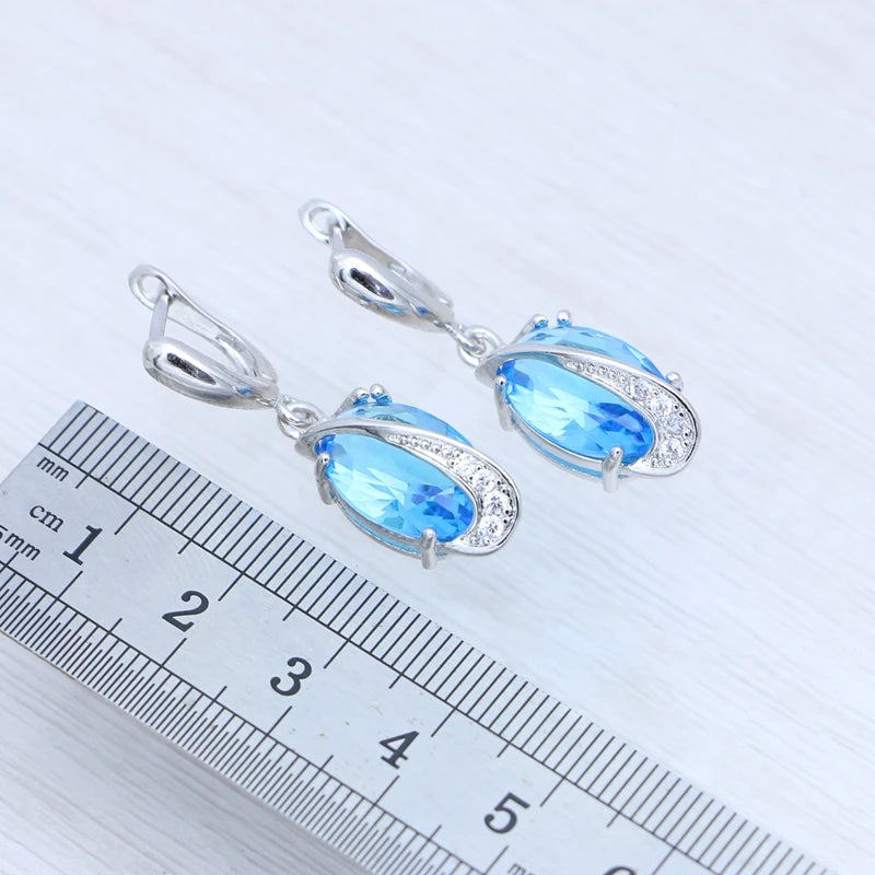 Woman Earrings Sky Blue Topaz Stone 925 Sterling Silver Bridal Earrings Shiny Crystal Classic Jewelry Free Gift Box