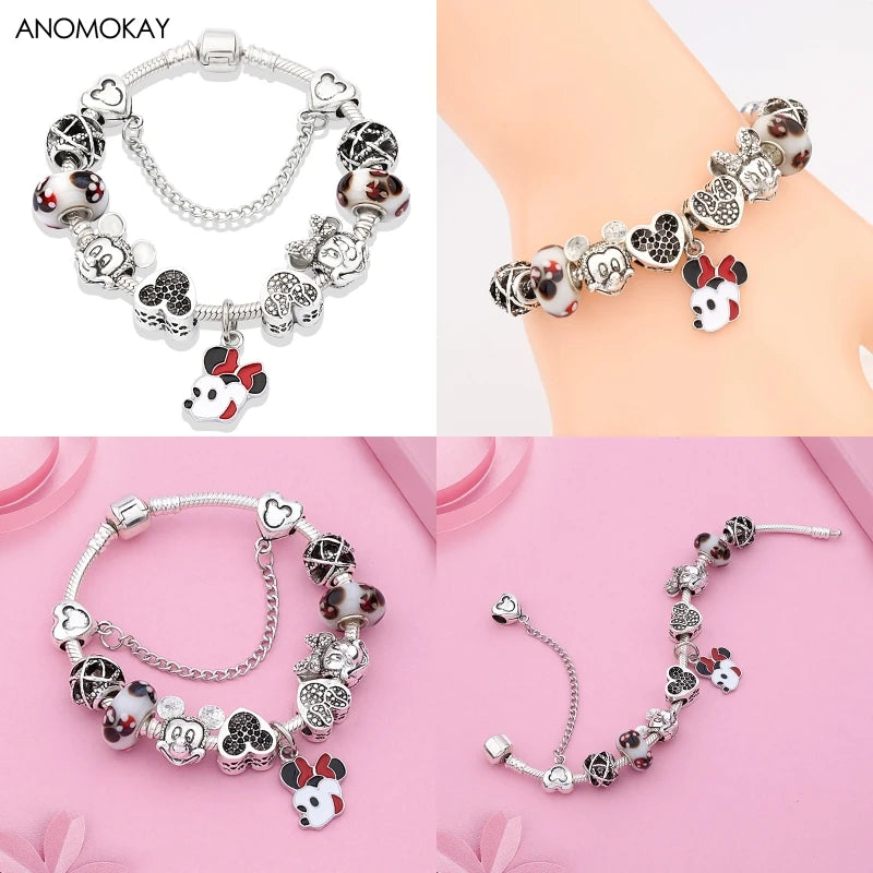 Dropshipping HOT Red Crystal Mickey Minnie Beads Bracelet & Bangle Silver Plated Family Charm Bracelet Fashion Diy Jewelry Gift