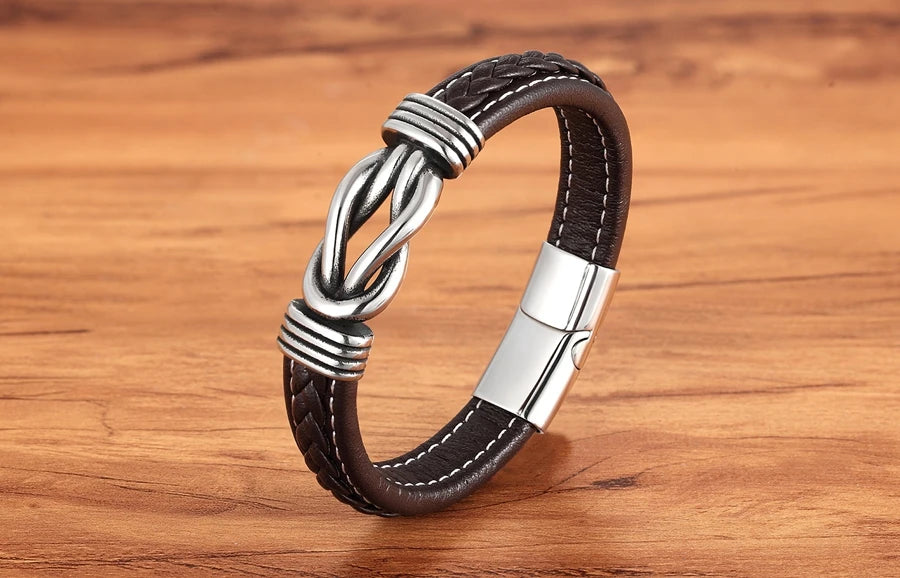 XQNI Fashion Irregular Graphic Accessories Men's Leather Bracelet Stainless Steel Combination for Birthday Commemorative Gifts