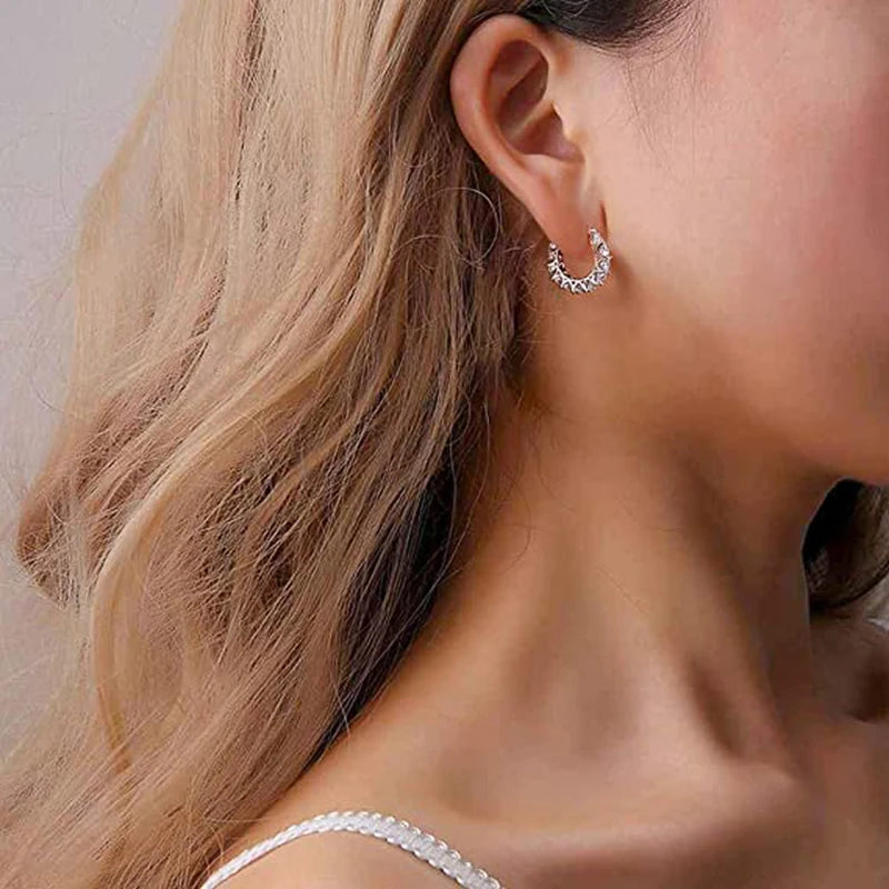 Huitan Full Paved Crystal CZ Hoop Earrings for Women Dazzling Accessories Wedding Party Delicate Birthday Gift Statement Jewelry