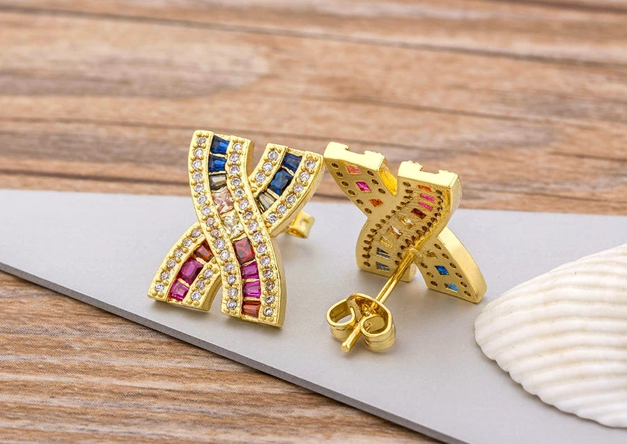 Nidin Luxury Female Crystal Zircon Stone Earrings Fashion Copper CZ Rainbow Jewelry Romantic Boho Stud Earrings For Women Girls