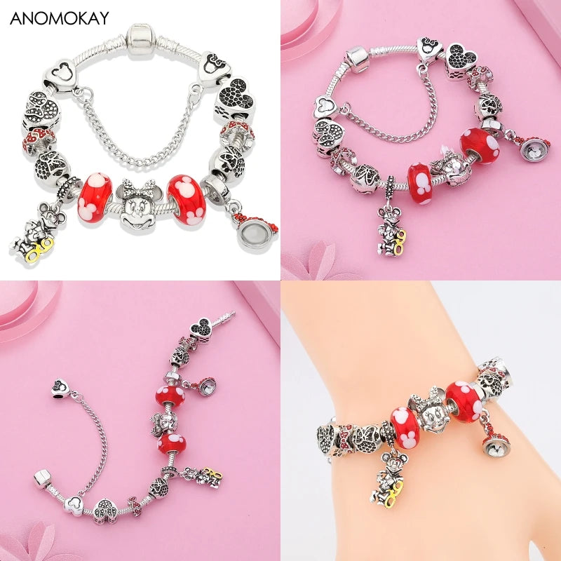 Dropshipping HOT Red Crystal Mickey Minnie Beads Bracelet & Bangle Silver Plated Family Charm Bracelet Fashion Diy Jewelry Gift