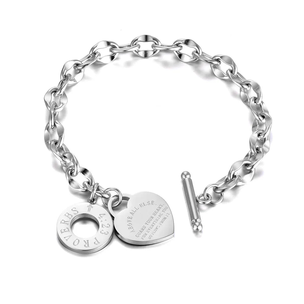 Lokaer Trendy Titanium Stainless Steel Heart Charm Bracelet Necklace Sets Classic Love Bible Proverbs 4:23 O-Chain Jewelry SE056