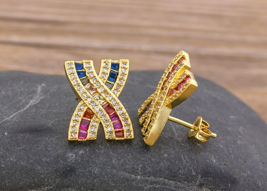 Nidin Luxury Female Crystal Zircon Stone Earrings Fashion Copper CZ Rainbow Jewelry Romantic Boho Stud Earrings For Women Girls