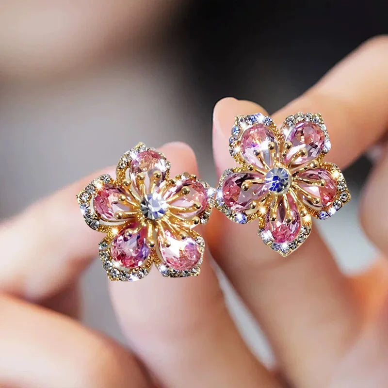 Korean Light Luxury Crystal Flower Earrings for Women Pink Sweet Cherry Blossom Zircon Earrings Girls Party Jewelry Bijoux Gifts