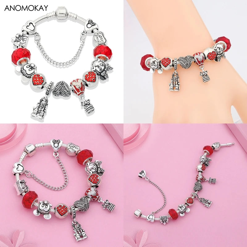 Dropshipping HOT Red Crystal Mickey Minnie Beads Bracelet & Bangle Silver Plated Family Charm Bracelet Fashion Diy Jewelry Gift