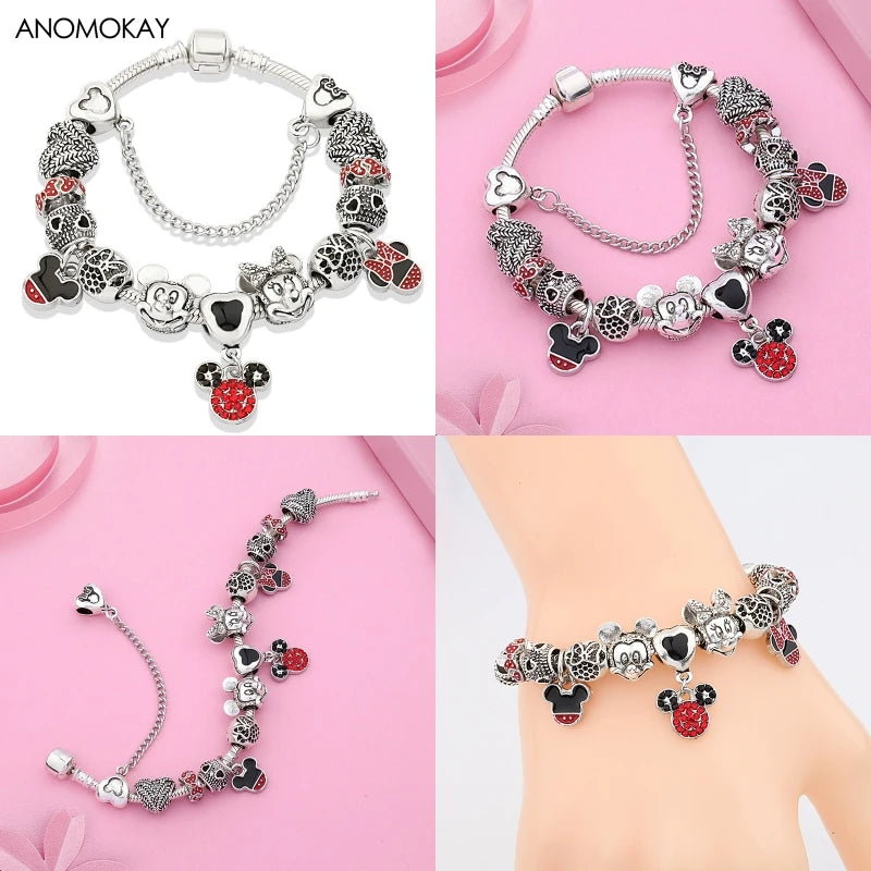 Dropshipping HOT Red Crystal Mickey Minnie Beads Bracelet & Bangle Silver Plated Family Charm Bracelet Fashion Diy Jewelry Gift