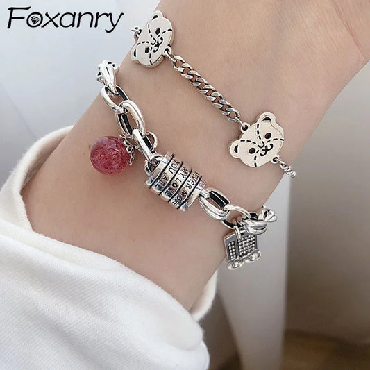 Foxanry Silver Color Bracelets for Women 2023 New Trendy Vintage Sweet Design Pink Abacus Party Jewelry Gifts Wholesale