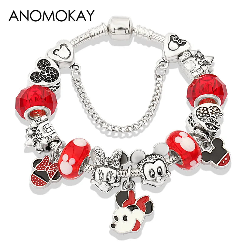 Dropshipping HOT Red Crystal Mickey Minnie Beads Bracelet & Bangle Silver Plated Family Charm Bracelet Fashion Diy Jewelry Gift