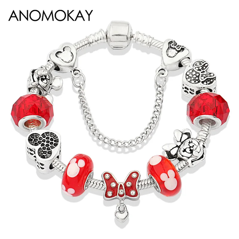 Dropshipping HOT Red Crystal Mickey Minnie Beads Bracelet & Bangle Silver Plated Family Charm Bracelet Fashion Diy Jewelry Gift